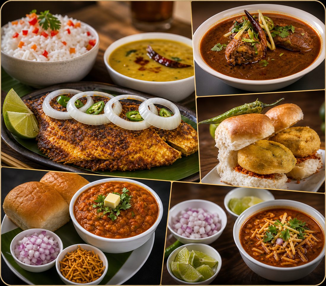 Collage of Maharashtrian dishes including fish, curry, vada pav, pav bhaji, and accompaniments